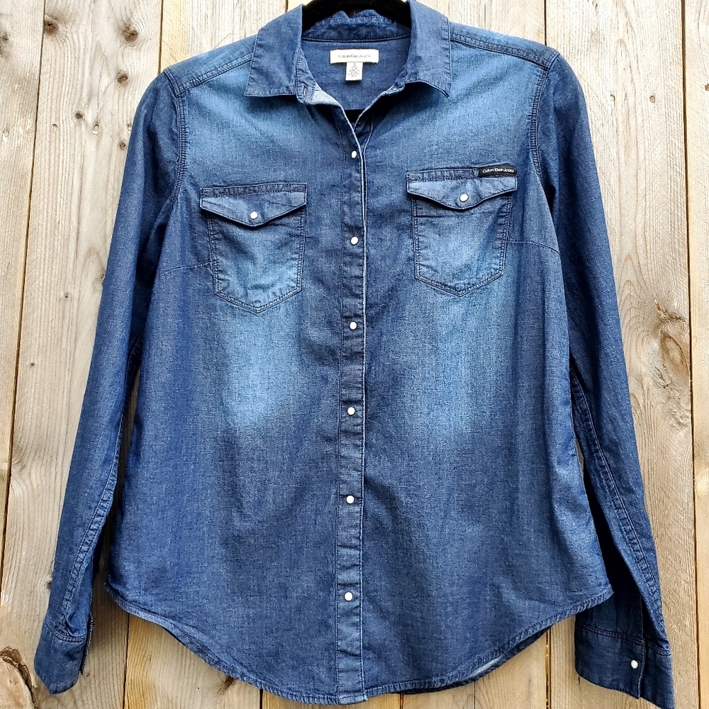Calvin Klein Blue Denim Pearl Snap Button-down Shirt